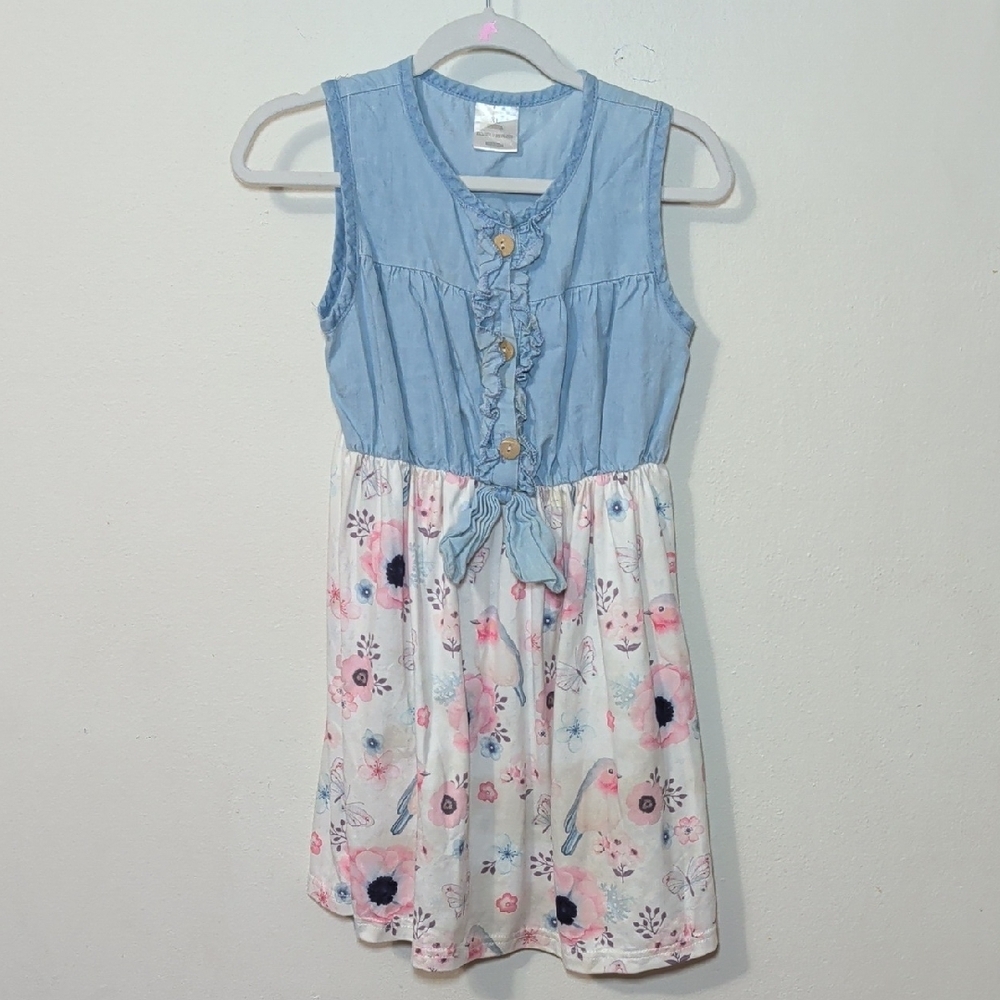 Girls Sleeveless Dress Denim Tie-Front Top White PInk Floral Skirt Size XL ~7
